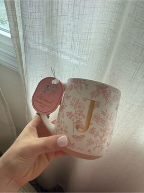 Letter ‘J’ Muji Ceramic Mug with Pink Floral Accents